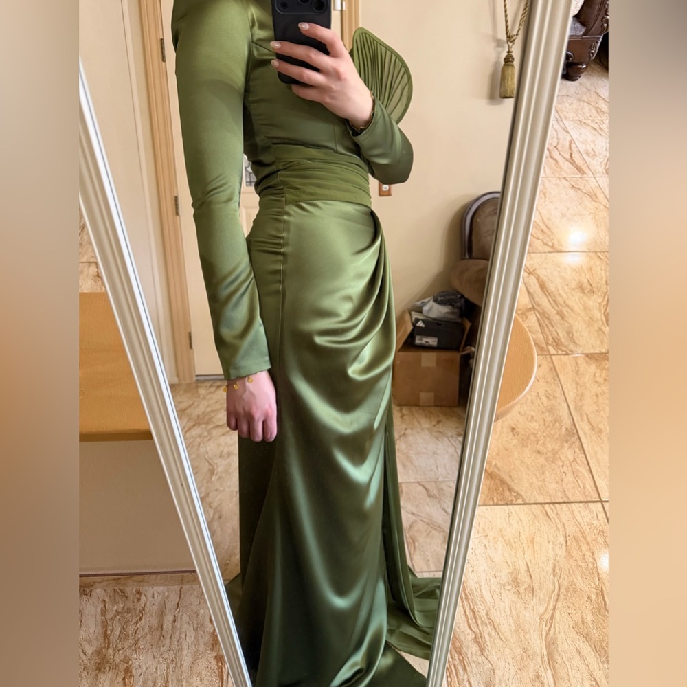 Elegant Olive Green Long Sleeve Draped Evening Gown